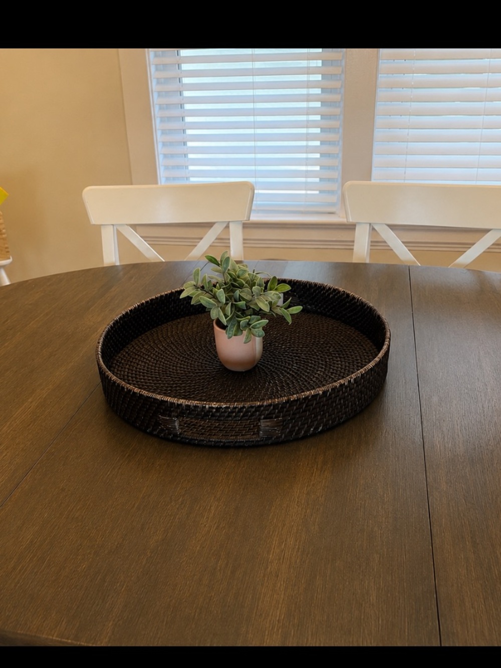 Round Dark Brown Woven Rattan Serving Tray 17.5” Boho Coastal Decor